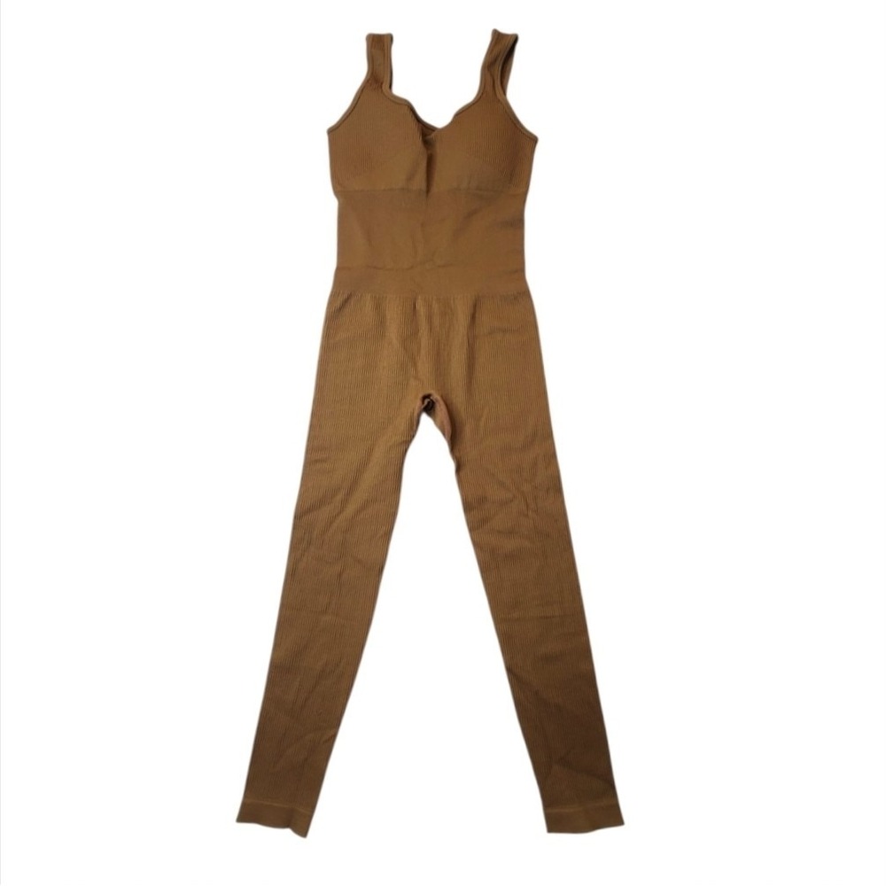 Body Suit Womens Size Small Full Length Ribbed Brown Compression Unitard Padded